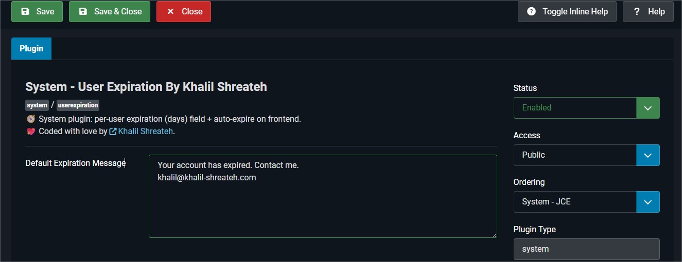 Joomla User Expiration Plugin Settings
