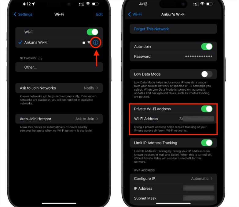private wi fi address in iphone